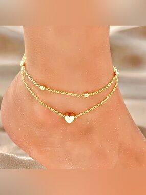NWT Set of 2 Heart And Beaded Anklets~ Gold